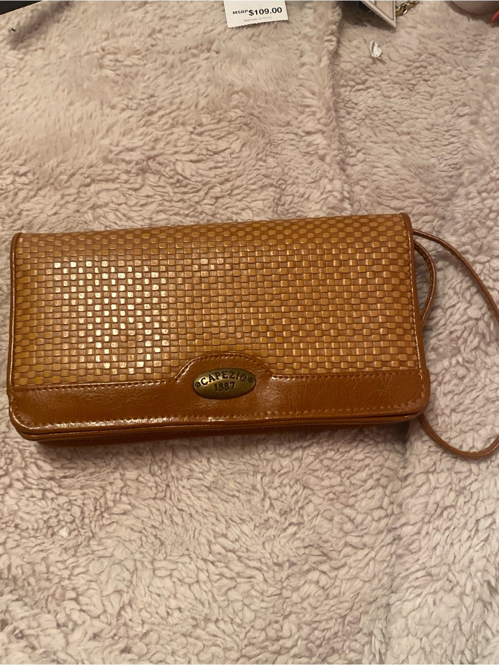 Capezio Woven Leather Clutch Wristlet - Cognac Brown